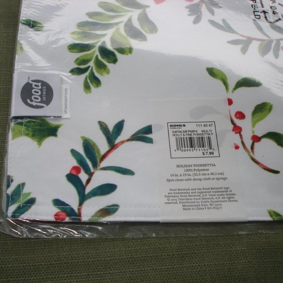 Food Network SET of 4 FABRIC PLACEMATS White Christmas Holly & Pine Poinsettia - Picture 8 of 11